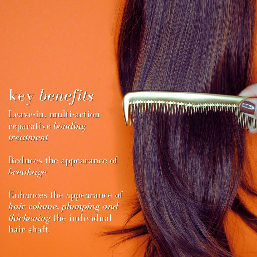 Person combing hair with a gold comb against an orange background, featuring text about Mane Agent hair treatment benefits.